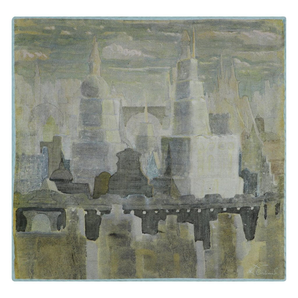 Natūralaus šilko fantazija su M. K. Čiurlionio paveikslu Miestas